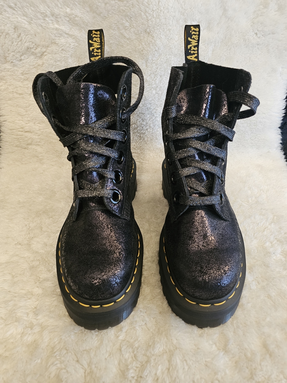 Dr. Martens Molly Iridescent Crackle Leather Platform Boots Black Womens Size 8